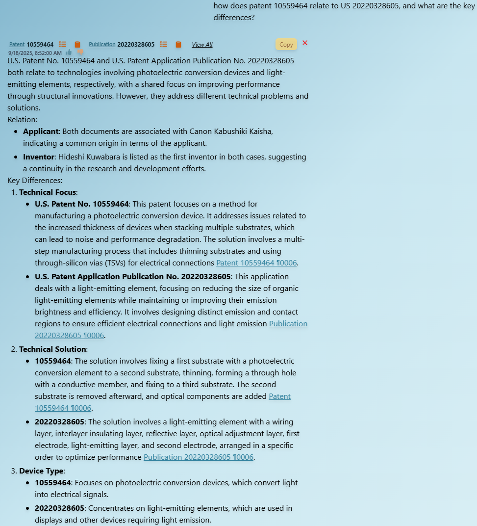 Patent Comparison Chat Interface